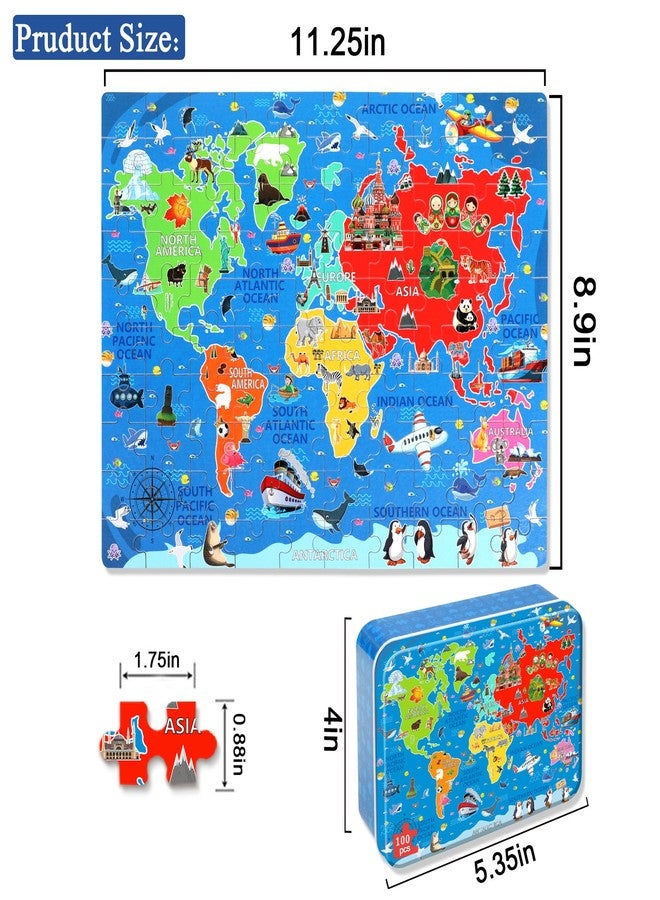 LELEMON World Map Puzzles for Kids Ages 4-8,100 Pieces World Sea Map Jigsaw Puzzles in a Metal Box,Fun World Map Learning Educational Toys for Boys Girls - Image 2